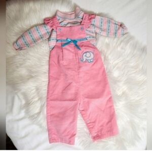 Vintage 80s 90s Healthtex Corduroy Pink & Blue Elephant Jumper Set 12 Months